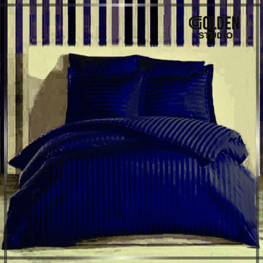 Hotel T300 Stripe Satin Bed Sheet Navy Blue