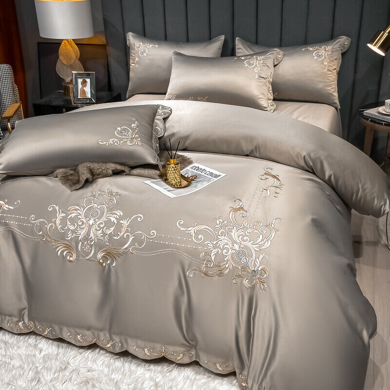 Embroidered Bedding Set 14 pcs Grey T400 Cotton Satin