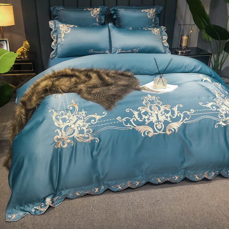 Embroidered Bedding Set 14 pcs Turquoise T400 Cotton Satin