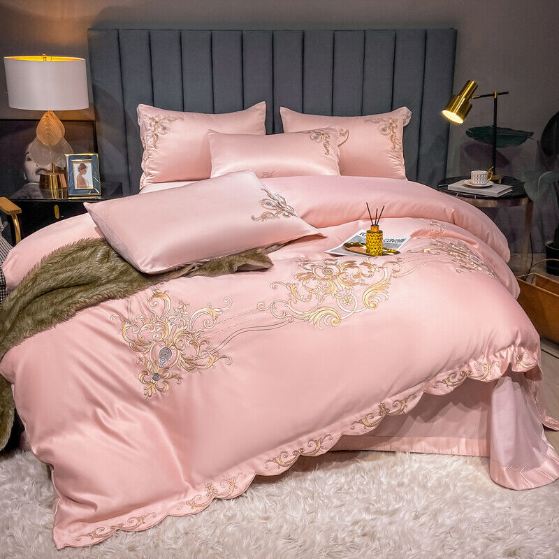 Embroidered Bedding Set 14 pcs Pink T400 Cotton Satin