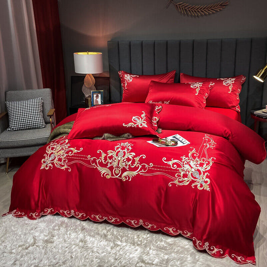 Embroidered Bedding Set 14 pcs Red T400 Cotton Satin