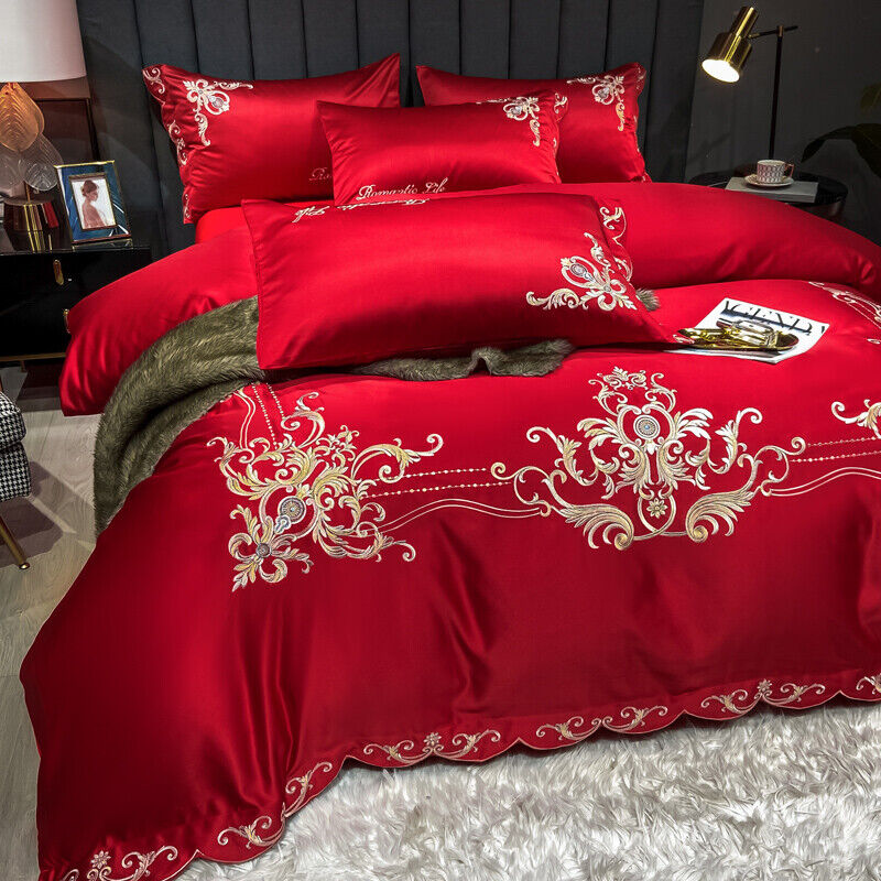 Embroidered Bedding Set 14 pcs Red T400 Cotton Satin